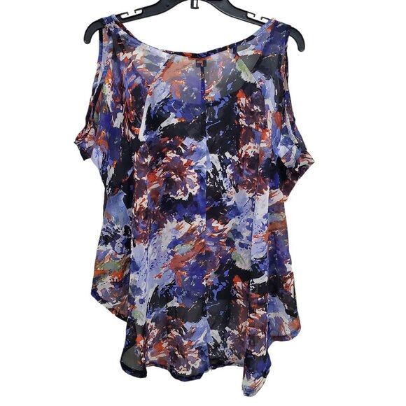 Bar III Women's Blue Multi Abstract Cold Shoulder Sheer Asymmetrical Hem Top M - Picture 5 of 5